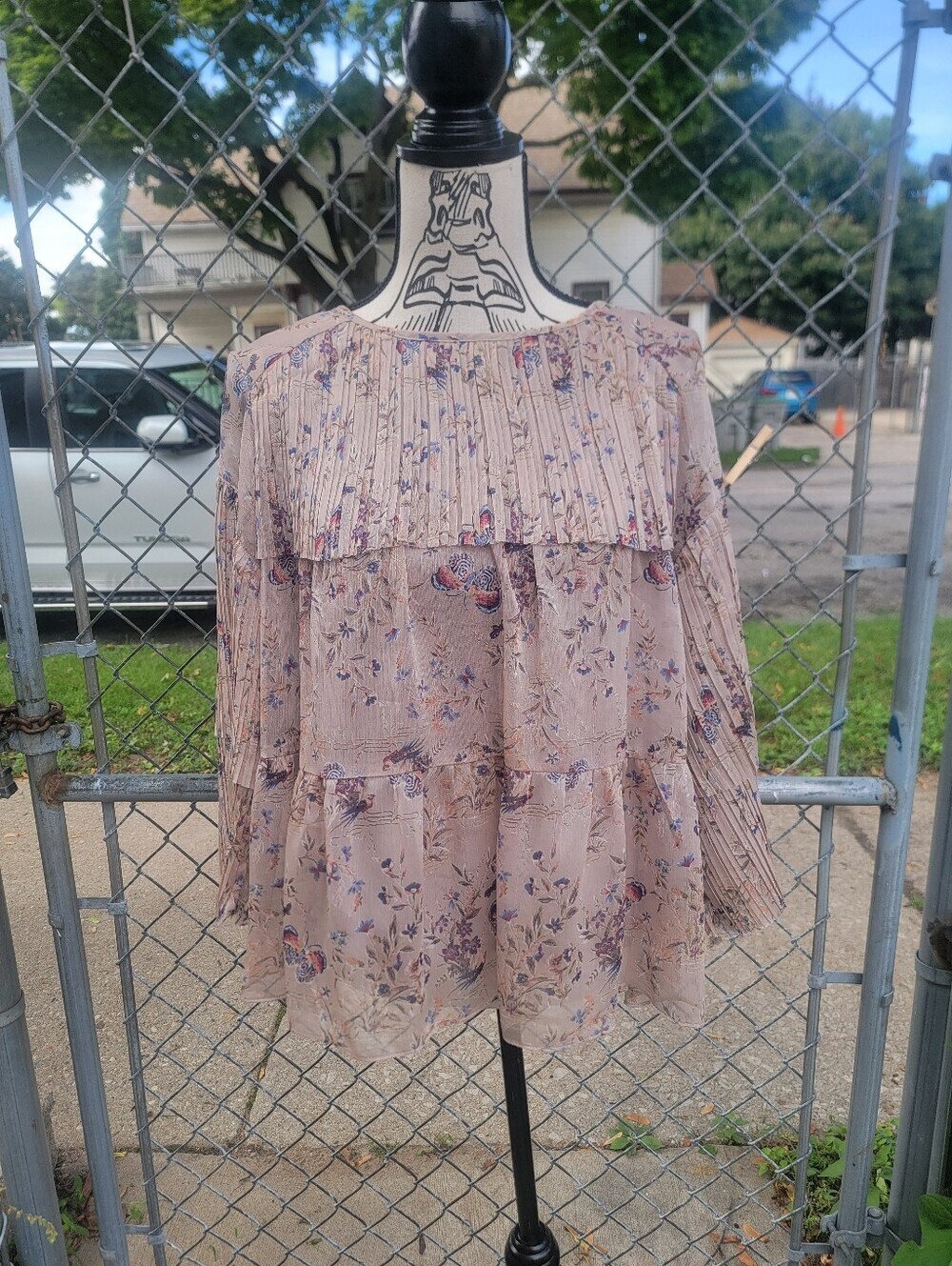 Anthropologie Eri + Ali Floral Butterfly Pleated Blouse Large Boho